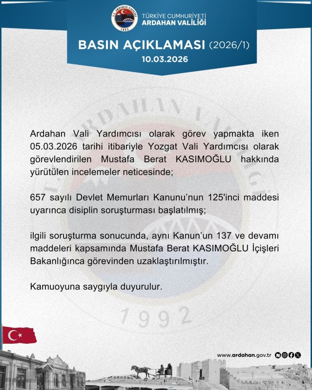 Ardahan Vali Yardımcısı Görevden Uzaklaştırıldı