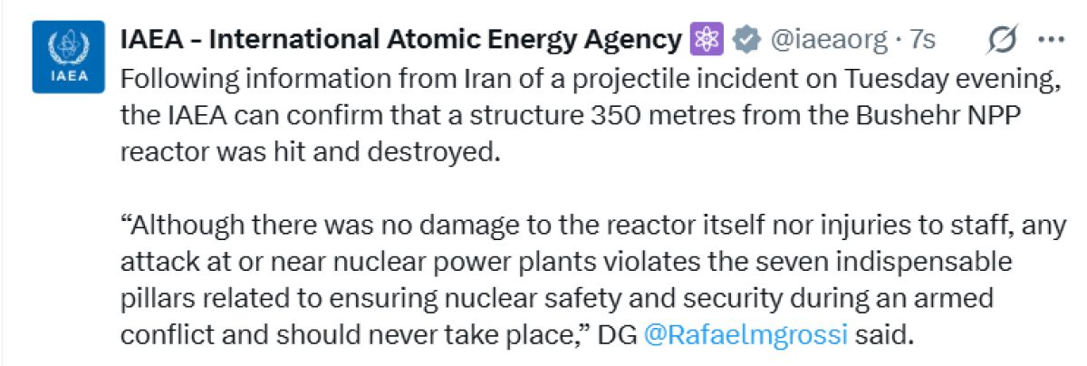 UAEA: Buşehr Nükleer Santrali Yakınına Füze İsabet Etti